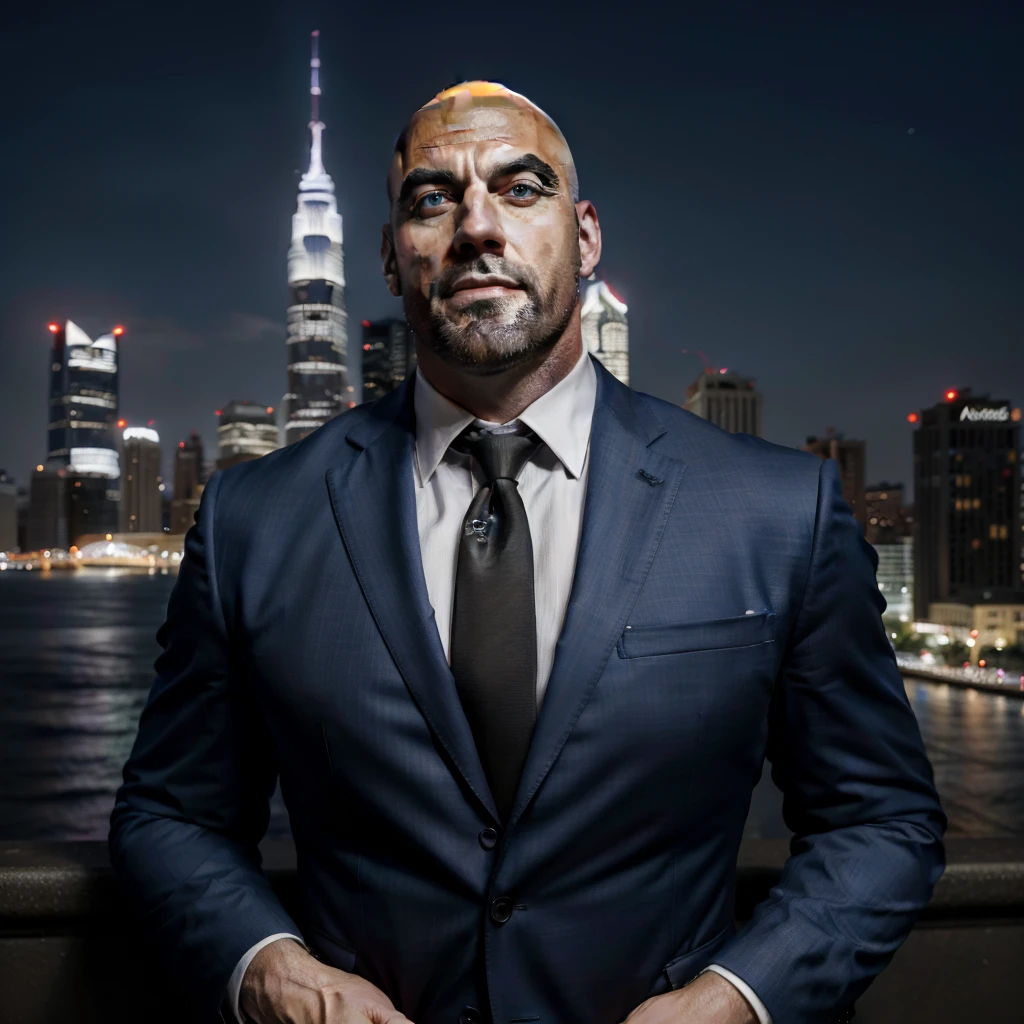 (absurdres, highres, ultra detailed, realistic, ), 1 male, solo, adult, mature, tall muscular guy, broad shoulders, handsome, very short hair, bald, blue eyes, angular bearded jaw, thick neck, thick eyebrows, night, dark, the night view of the city background, formal suit, necktie, upper body