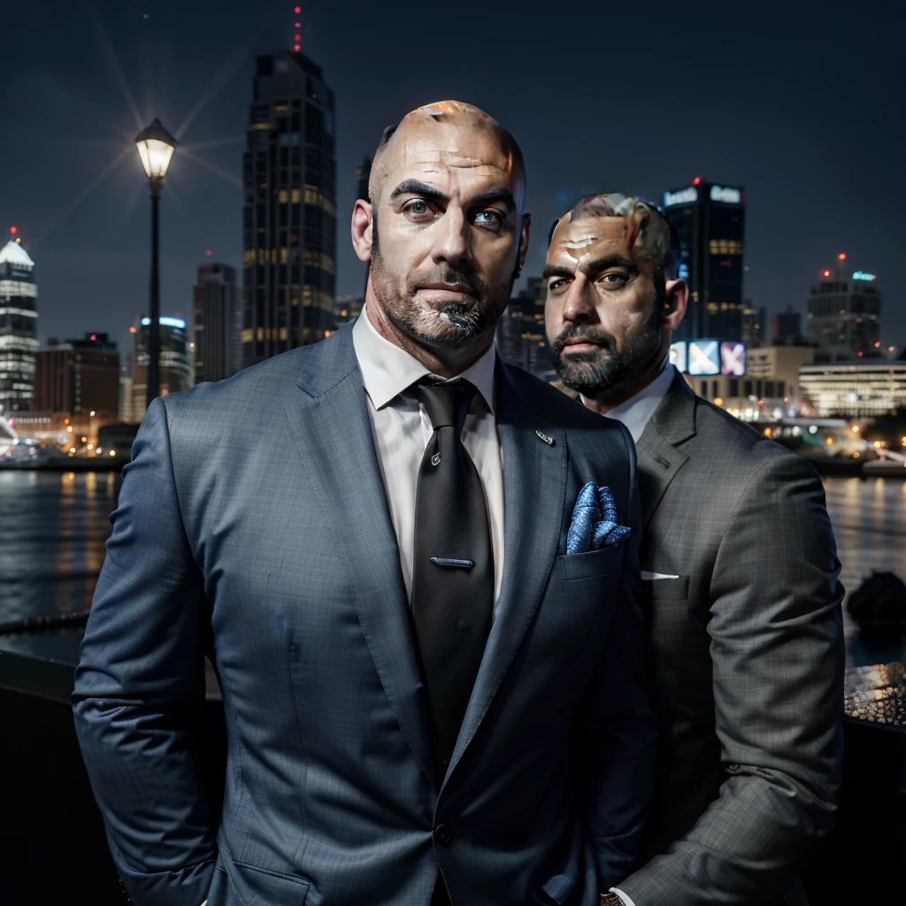 (absurdres, highres, ultra detailed, realistic, ), 1 male, solo, adult, mature, tall muscular guy, broad shoulders, handsome, very short hair, bald, blue eyes, angular bearded jaw, thick neck, thick eyebrows, night, dark, the night view of the city background, formal suit, necktie, upper body