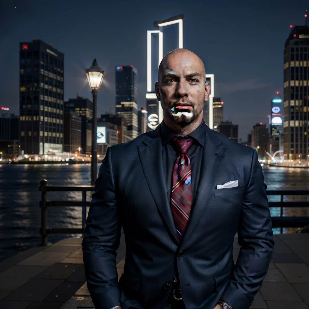 (absurdres, highres, ultra detailed, realistic, ), 1 male, solo, adult, mature, tall muscular guy, broad shoulders, handsome, very short hair, bald, blue eyes, angular bearded jaw, thick neck, thick eyebrows, night, dark, the night view of the city background, formal suit, necktie, upper body