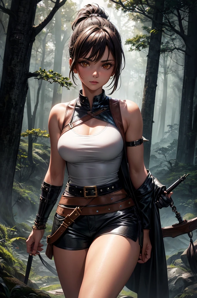 a beautiful young girl with a short brown ponytail, golden eyes, and tanned skin, wearing a leather harness, white sleeveless t-shirt, and black fabric shorts with a leather belt, standing in a night forest, (best quality,4k,8k,highres,masterpiece:1.2),ultra-detailed,detailed eyes,detailed lips,extremely detailed face,longeyelashes,detailed clothing,detailed leather accessories,night forest,moonlight,dramatic lighting,moody atmosphere,highly detailed,cinematic,