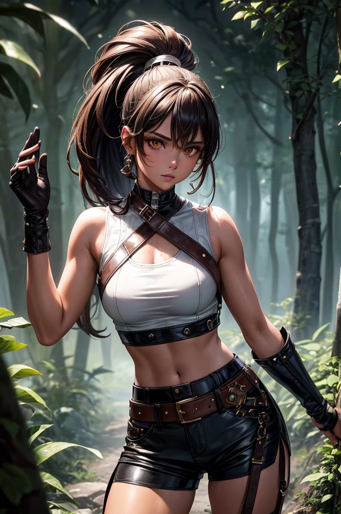 a beautiful young girl with a short brown ponytail, golden eyes, and tanned skin, wearing a leather harness, white sleeveless t-shirt, and black fabric shorts with a leather belt, standing in a night forest, (best quality,4k,8k,highres,masterpiece:1.2),ultra-detailed,detailed eyes,detailed lips,extremely detailed face,longeyelashes,detailed clothing,detailed leather accessories,night forest,moonlight,dramatic lighting,moody atmosphere,highly detailed,cinematic,