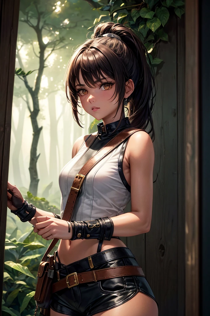 a beautiful young girl with a short brown ponytail, golden eyes, and tanned skin, wearing a leather harness, white sleeveless t-shirt, and black fabric shorts with a leather belt, standing in a night forest, (best quality,4k,8k,highres,masterpiece:1.2),ultra-detailed,detailed eyes,detailed lips,extremely detailed face,longeyelashes,detailed clothing,detailed leather accessories,night forest,moonlight,dramatic lighting,moody atmosphere,highly detailed,cinematic,