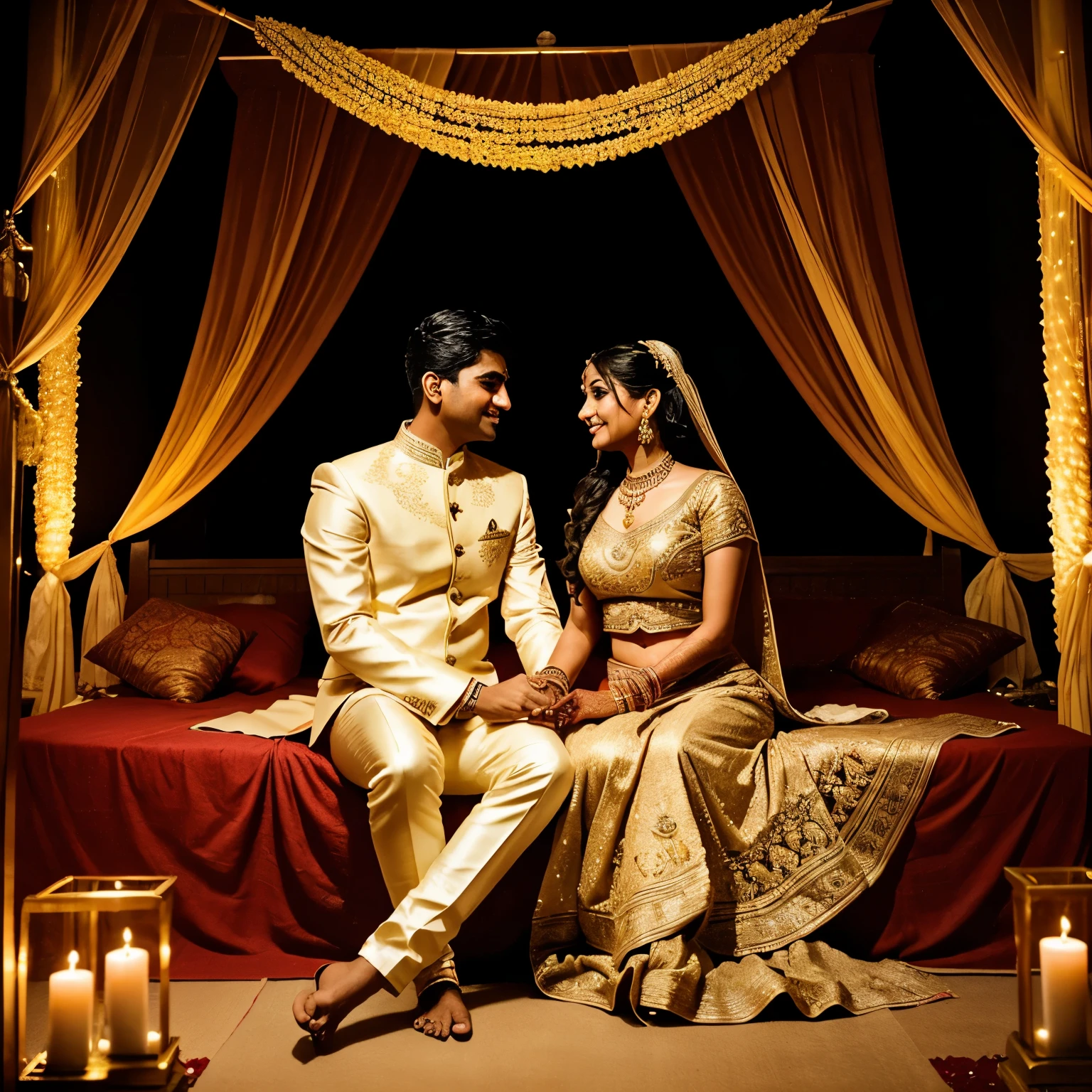 "Generate an image of a luxurious Indian wedding chamber, with a beautifully decorated bed, adorned with red roses and candles. The newlywed couple, Raj and Priya, sit together, holding hands, and gazing into each other's eyes. The room is dimly lit, with soft golden lighting, and the background is filled with intricate Indian architecture and designs. The atmosphere is romantic and intimate, capturing the magic of their special night. Include elements like traditional Indian wedding attire, jewelry, and decorations to make the scene authentic and beautiful."
