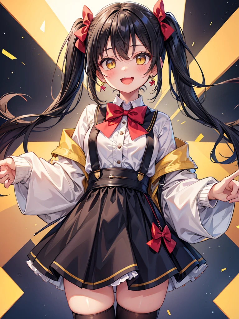 View the viewer, smile, top quality, one girl, look at the viewer alone, blush, smile, open mouth, bangs, black hair, knee socks, long sleeves, dress, bow, hair between eyes, twin tails, Jewelry, jacket, yellow eyes,: d, heal bow, earrings, open clothes, striped, black knee socks, wide sleeve, bow tie, white dress ， RED bow, OPEN