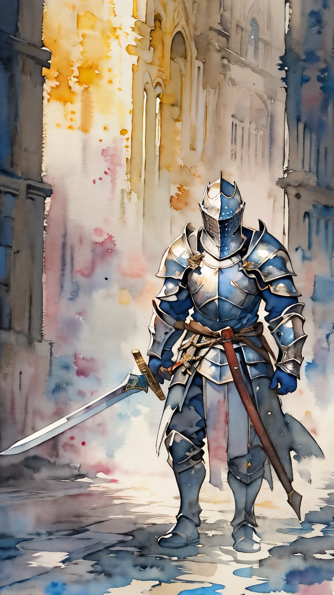 (masterpiece:1.2),(Highest quality),(Very detailedな),(Ultra-high resolution),8K,(Dark Souls Style),((watercolor)),(Holy Knight),Holy Knightの剣,Holy Knightの鎧,Holy Knightの盾,(One person: 1.5),Very detailed,The background is a gradient of white, gray and yellow,beautiful sword,Beautiful Armor,Beautiful shield,((hands))