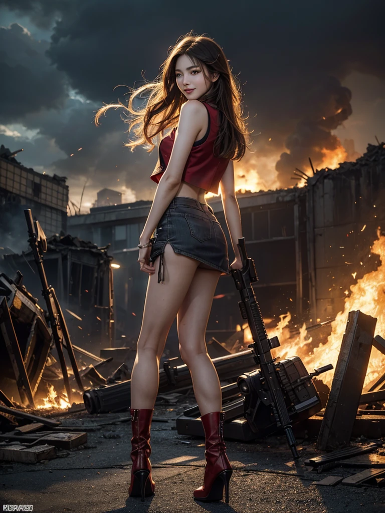 (Top quality,Ultra HD,Lifelike:1.4)(Cowboy Shooter 1),Beautiful armed girl,(K-pop idol),Detailed face,opposition,Perfect anatomy,Smooth skin,Professional lighting,(Wearing a red belly-baring vest,Black miniskirt,Red high heels,blond,Close-up of two short braids),Victory in battle,Victorious smile(background,Destroyed buildings,fire,(Huge explosion)),Turn your back to the audience,Full body close-up,(Possession of weapons,持有步gun,Purpose,Purpose,Purpose:1.2),gun,H&k hk416,马gun