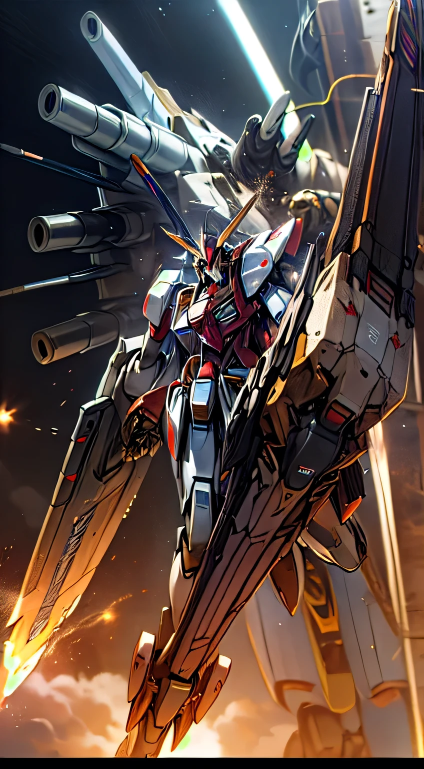 Surrealism, Ray Tracing, Photorealistic, UHD, High Detail, 32k, Best Quality, Textured Skin, Gundam Mecha, Flight, Funnel, Mecha Ship, Masterpiece, Best Quality, Mecha, Unmanned, (Full Body), (Black Mecha: 1.8), (Axisymmetric: 1.4), (HDR), (Movie Light: 1.1), White Eyes, Cool, Science Fiction, Fire, Universe, oversized shield, mecha man overlooking the background of the earth, with laser cannon beams, wars, conflicts, weapons in hand (has a huge weapon: 1.5),