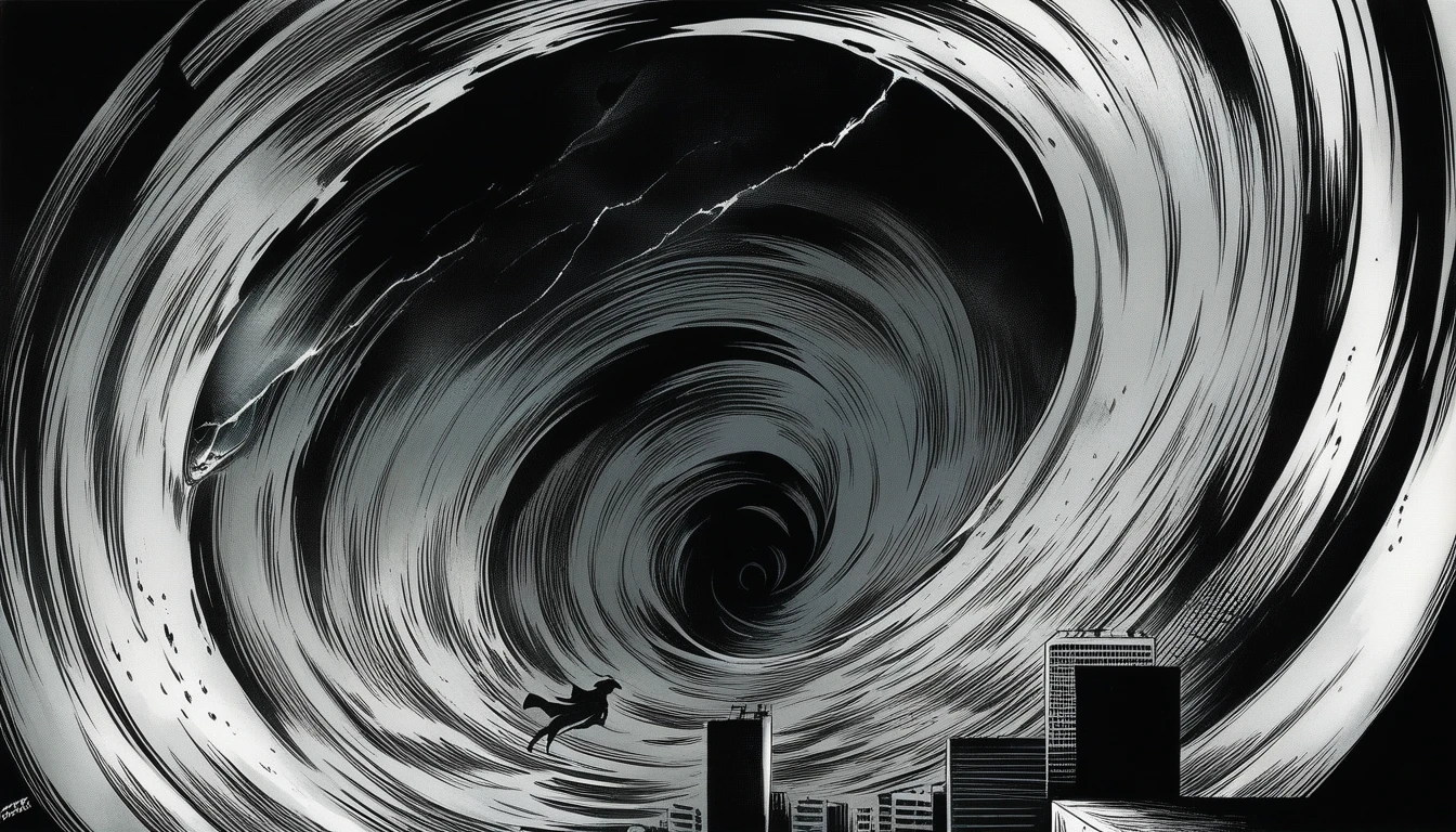 A surreal scene depicting a cityscape being consumed by a giant, spiraling vortex, with human figures contorted and trapped within, in the style of Junji Ito's "Uzumaki", high definition, high quality, detailed illustration, eerie, horror, manga, Junji Ito inspired, dark aesthetic, surreal and captivating, twisted reality, chilling atmosphere, macabre, hauntingly beautiful, realistic artwork by Junji Ito, trending on ArtStation, trending on CGSociety, sharp focus, dark and unsettling, intricate details capturing the horror of the scene.