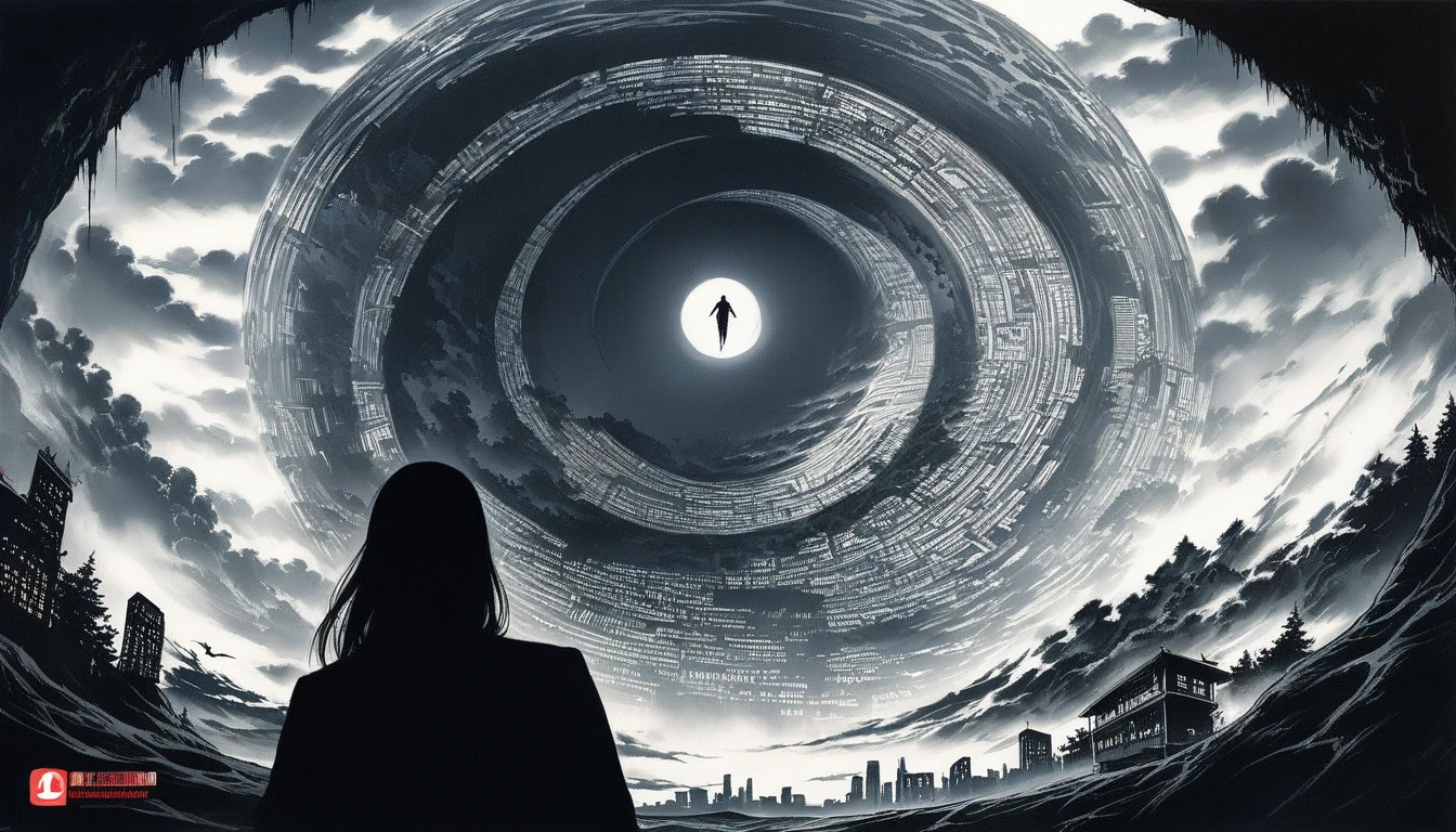 A surreal scene depicting a cityscape being consumed by a giant, spiraling vortex, with human figures contorted and trapped within, in the style of Junji Ito's "Uzumaki", high definition, high quality, detailed illustration, eerie, horror, manga, Junji Ito inspired, dark aesthetic, surreal and captivating, twisted reality, chilling atmosphere, macabre, hauntingly beautiful, realistic artwork by Junji Ito, trending on ArtStation, trending on CGSociety, sharp focus, dark and unsettling, intricate details capturing the horror of the scene.