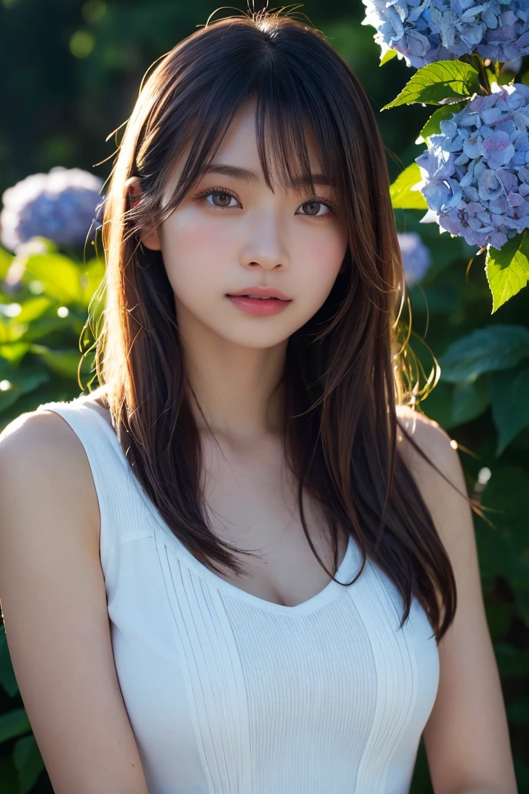 A highly detailed, photorealistic portrait of a beautiful young Asian woman with smooth skin, large expressive eyes, and natural makeup. She is surrounded by lush hydrangea bushes, with soft lighting and a shallow depth of field. The background is slightly blurred to emphasize her face. The image should capture her serene and gentle expression, with a focus on her delicate features and the natural beauty of the scene. High resolution, 8K, ultra-detailed, masterpiece, best quality. ((China dress))、((Upper Body:1.3))