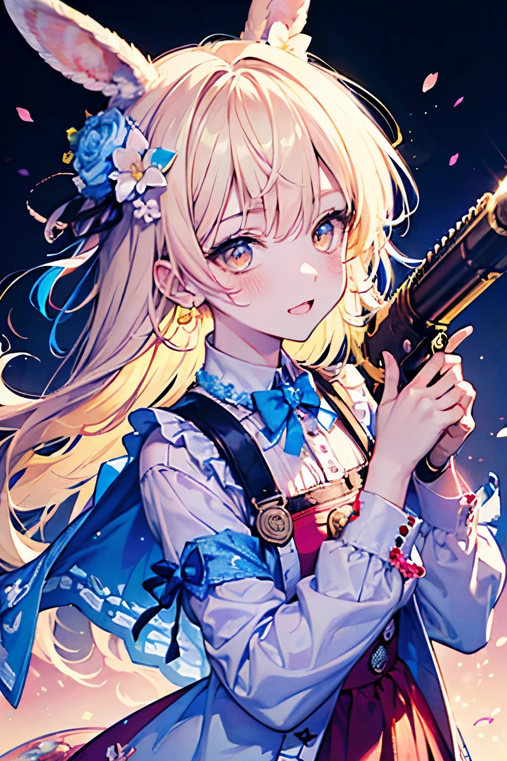 chibi character,Rabbit motif,(brush),((cute,kawaii,wonderland)),((pastel color)),((Cute assortment)),(A blushing smile),Shiny yellow hair,(Rainbow),((Angel:1.2)),((Gun2 Pose:1.25)),((Gatling Gun:1.3)),