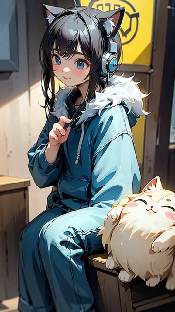 Cute cat with fluffy fur wearing one hoodie and headphones, The background is modern and inorganic, Adorable digital painting, 3D Rendering, Bright lighting, Vibrant colors,