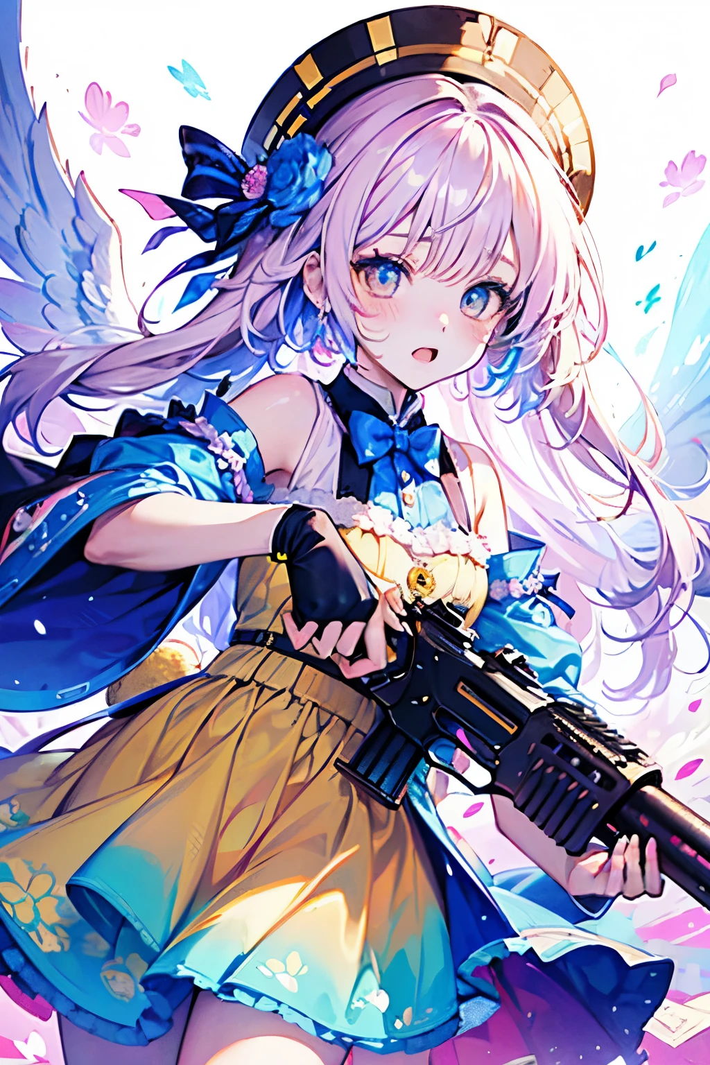 chibi character,Rabbit motif,(brush),((cute,kawaii,wonderland)),((pastel color)),((Cute assortment)),(A blushing smile),Shiny yellow hair,(Rainbow),((Angel:1.2)),((Gun2 Pose:1.25)),((Gatling Gun:1.3)),