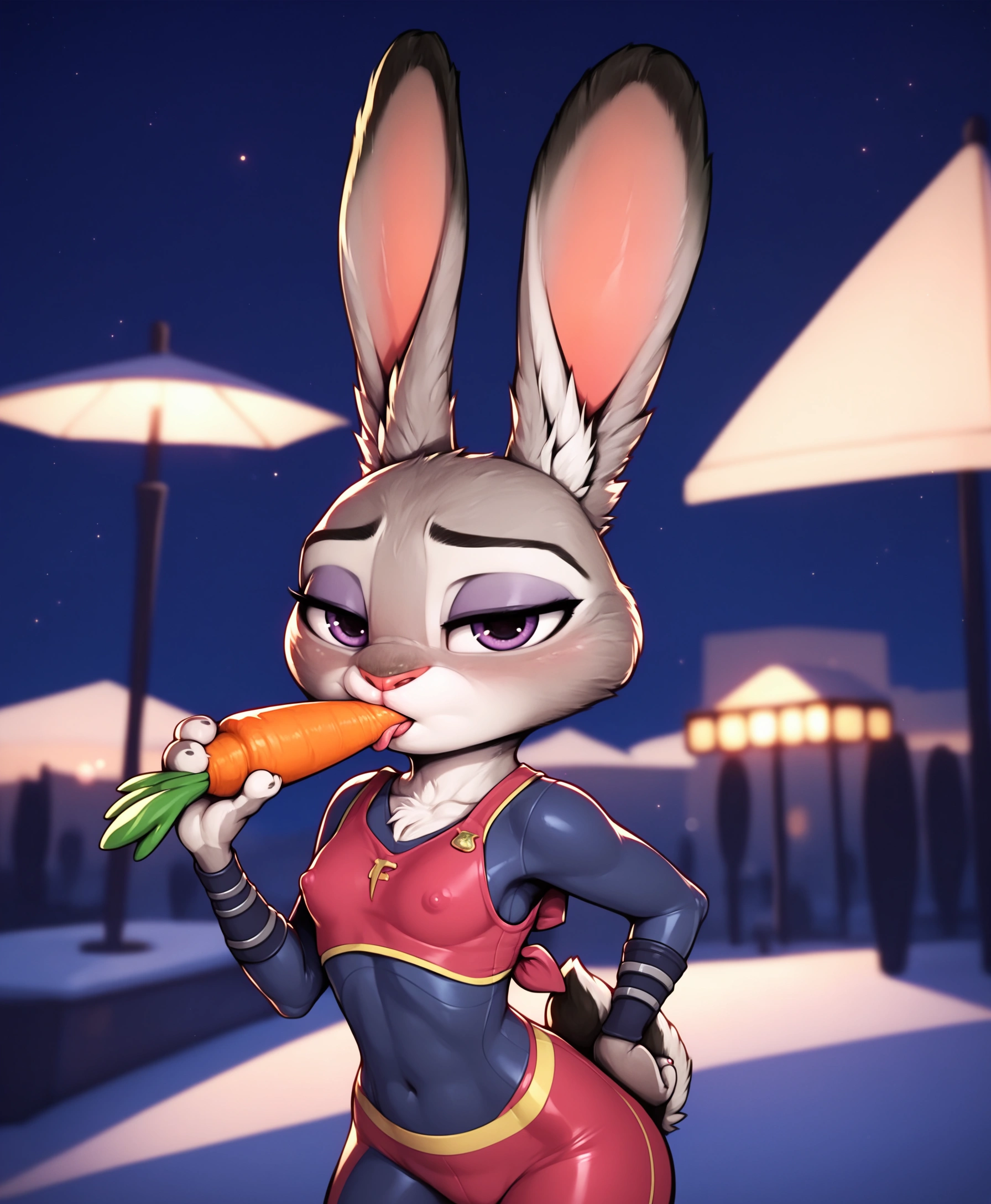 score_9, score_8_up, score_7_up, score_6_up, cinematic,natural skin texture, hyperrealism, professional photography, Depth of field, bokeh, photorealistic,realistic, BREAK female anthro rabbit,zootopia style,judyhopps, half-closed eyes, anthro in heat, detailed grey fur,judyhopps, tight sport leggings, crop top,covered perky nipples,thigh gap, (sucking a carrot:1.2), holding carrot, tongue out