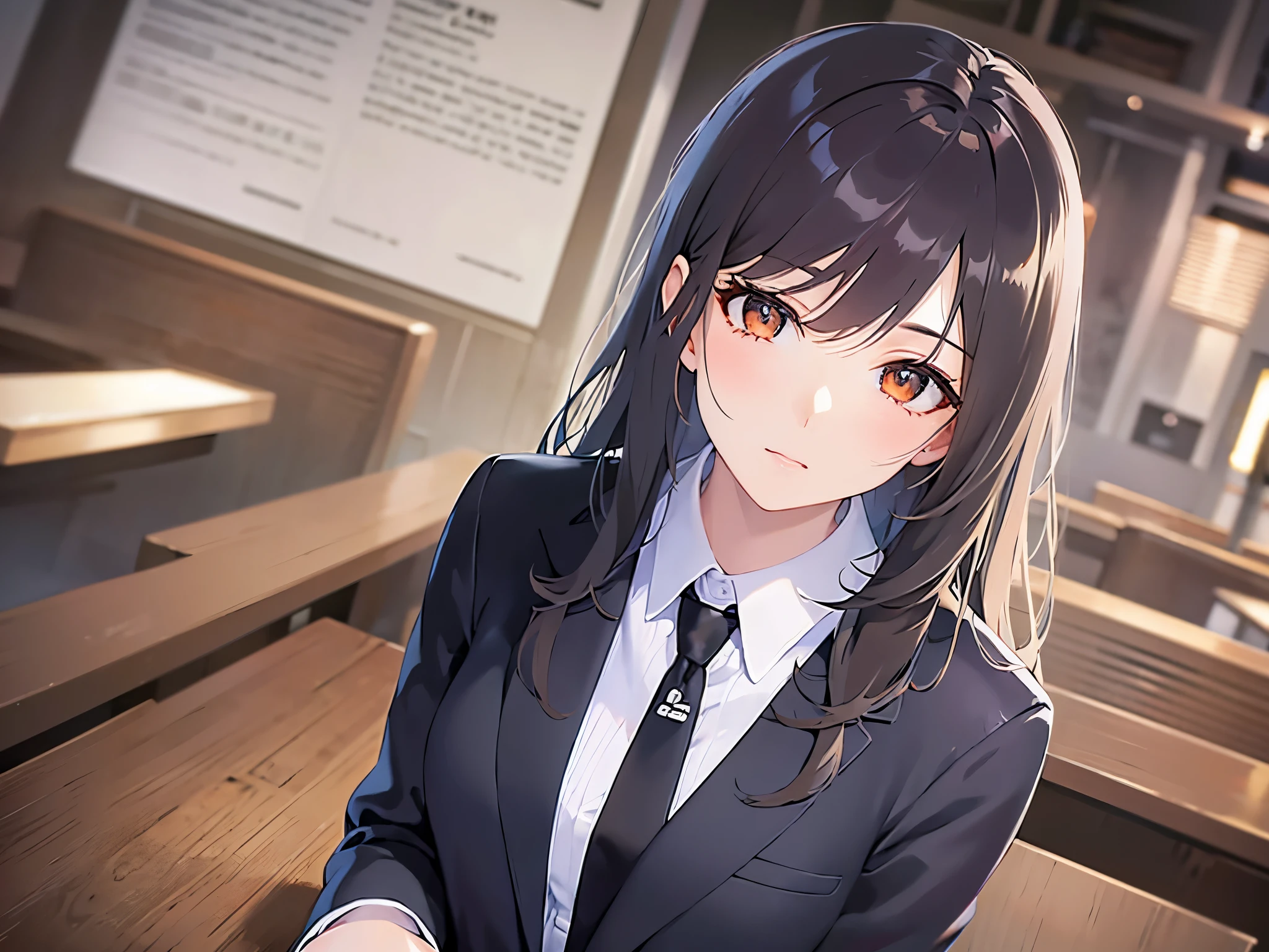 Looking up、head tilt,looking at viewer, Realistic, real person, (pale skin: 1.2), RAW photo, photorealistic, shiny skin, shiny hair、 (A 35-year-old woman with medium-length hair and bangs) and (wavy hair) and (brown hair) and (Orange Eyes) (Wearing a business suit:1.5) and (Wearing a white collared shirt) 、blush,The background is the interior of a restaurant at night.、Wearing a black jacket
