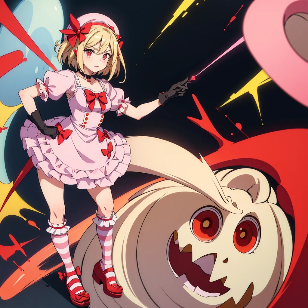 (8K, RAW photo, best quality, masterpiece:1.2),(1girl),from lambda,dress, shoes bow, red shoes, striped stockings, red bow, pink hat, necklace, gloves, pearl, pumpkin brooch,whole body