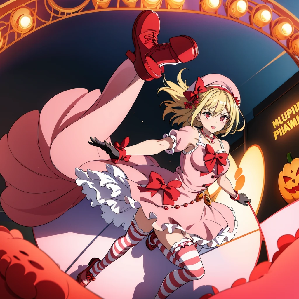 1girl, lambdadelta, pink dress, kneehighs, striped legwear, red shoes, shoe bow, red bows, blond hair, short hair, brown eyes, elbow black gloves, jack-o' challenge,flexible, spread legs, top-down bottom-up, best quality: 1.5, masterpiece, perfect figure, delicate hands, HDR, detailed body, extremely detailed, higres, beautiful girl, Summer, grass, a few small flowers, large clouds, blue sky, hot weather, perfect body, wet skin, navel, sexy, beautiful waist, desirable, small breasts
