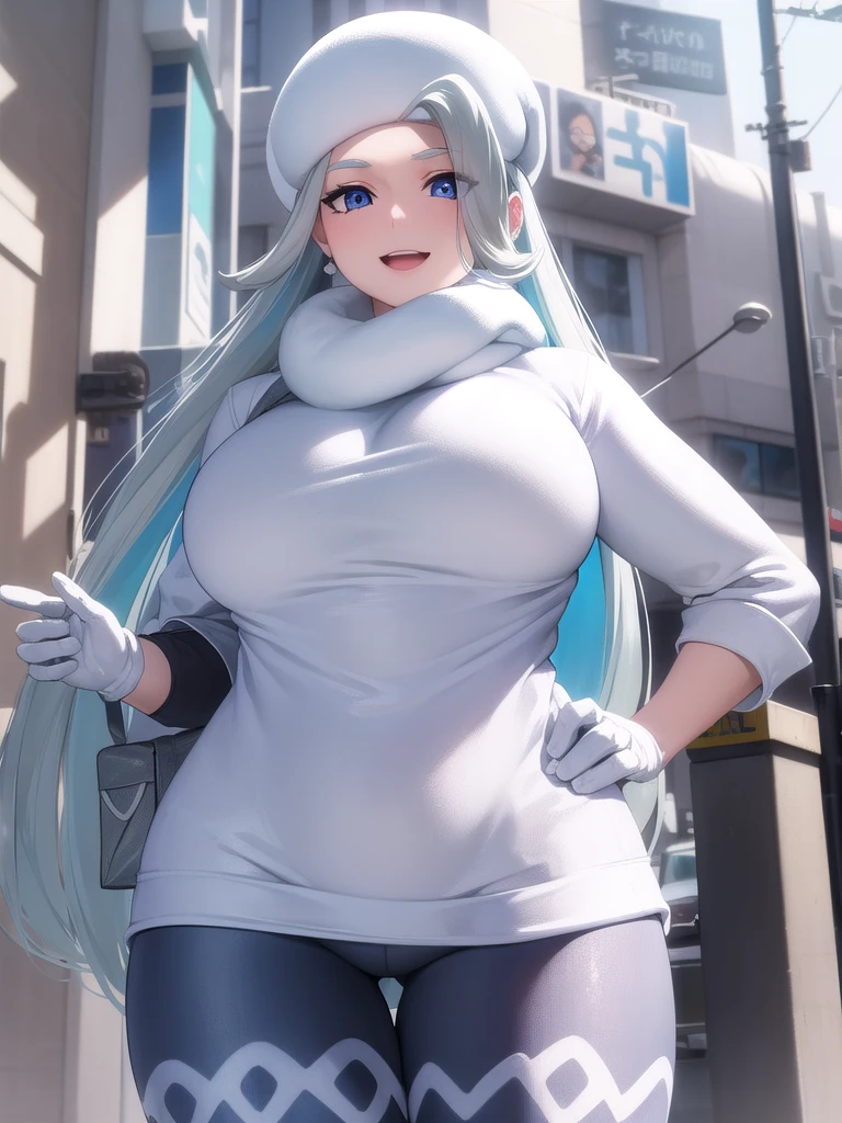 Pokemon Melony, Pokemon Melony, blue eyes, eyelash, Long Hair, Multicolored Hair, Striped Hair, Grey Hair, (Large Breasts:1.2), Open your mouth, smile,
break earrings, gloves, Have, jewelry, Long sleeve, pantyhose, pantyhose under Shorts, scarf, Shorts, 片手gloves, snowflakes, sweater, White Hat, white scarf, white sweater,
break outdoors, city, snow,
break looking at viewer, (Cowboy Shot:1.5),
break (masterpiece:1.2), Highest quality, High resolution, unity 8k wallpaper, (figure:0.8), (Beautiful attention to detail:1.6), Highly detailed face, Perfect lighting, Highly detailed CG, (Perfect hands, Perfect Anatomy),