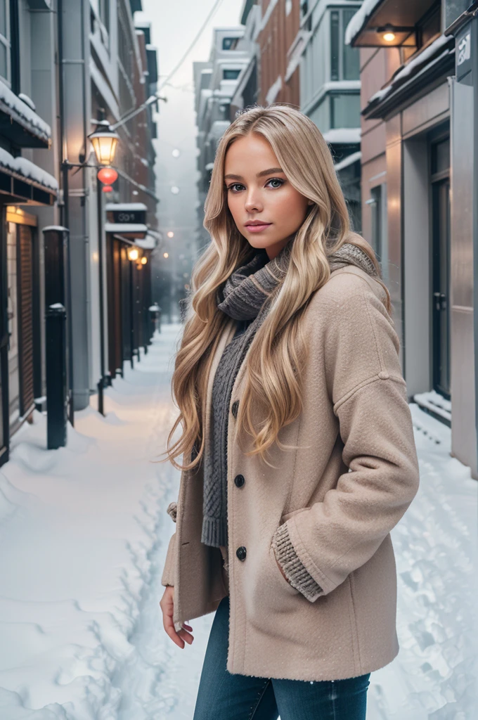 professional portrait photograph of a gorgeous Norwegian girl in winter clothing with long wavy blonde hair, sultry flirty look, gorgeous symmetrical face, cute natural makeup, wearing elegant warm winter fashion clothing, ((standing outside in snowy city street)), stunning modern urban environment, ultra realistic, concept art, elegant, highly detailed, intricate, sharp focus, depth of field, f/1. 8, 85mm, medium shot, mid shot, (((professionally color graded))), bright soft diffused light, (volumetric fog), trending on instagram, hdr 4k, 8k