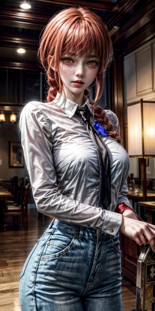 Masterpiece, (เหhandนจริง:1.4), best quality, beautiful light, hand \(Chainsaw Man\), (red hair)+(long braided hair)+(smooth), yellow eyes, golden eyes, (big eyes), (white shirt), (necktie),(long sleeve shirt),(Long black slacks,)Prepare to be amazed by the stunning details in this ultra-realistic 10K high-definition artwork., Where the combination of Digital Painting, anime art, (Masterpiece: 1.5) (เหhandนจริง: 1.1) (Bokeh) (best quality) (Fine texture, tightens pores and pores.: 1.1) (complicated) (8K) (HDR) (Wallpaper) (movie light) (Sharp focus )
