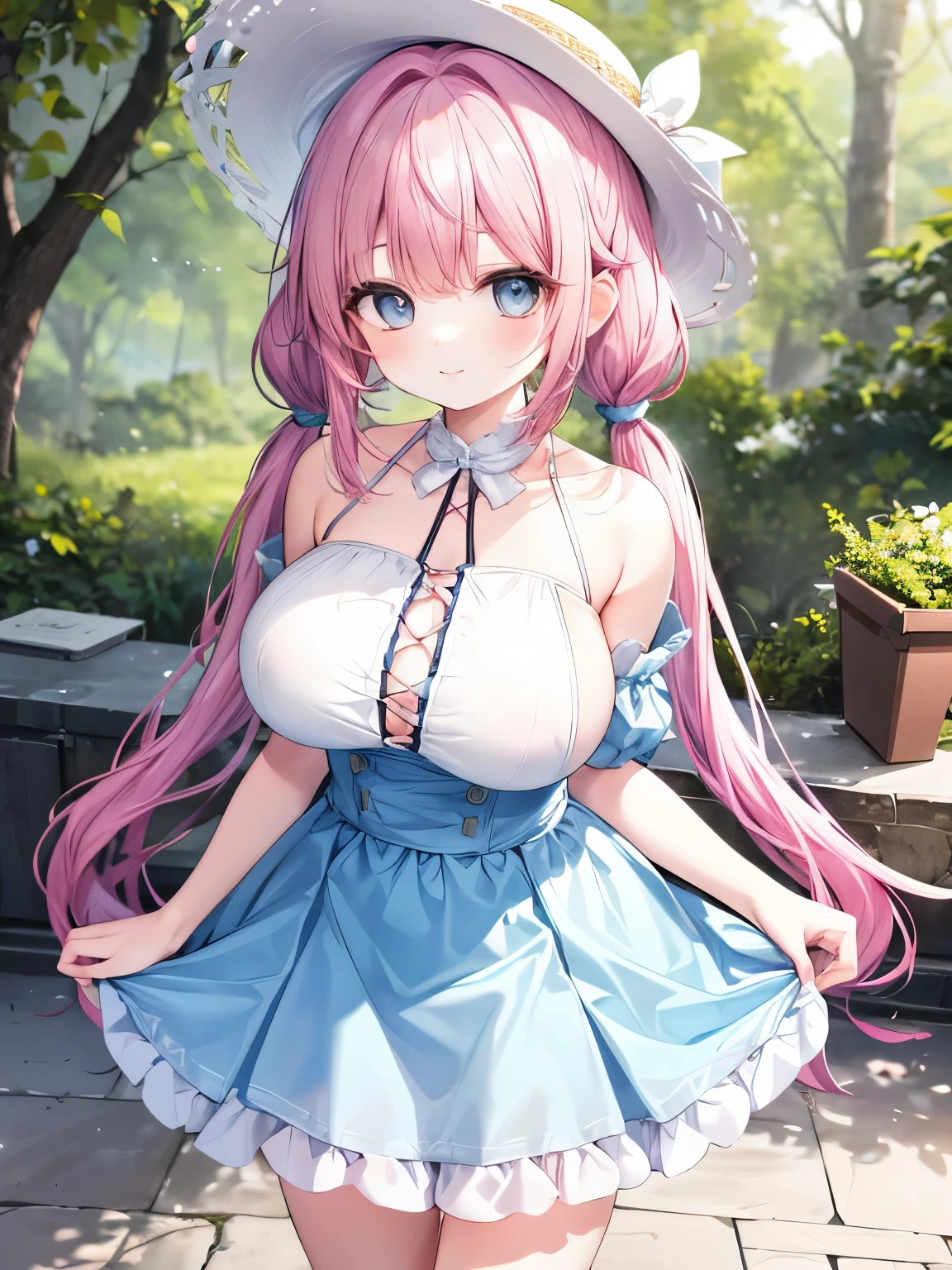 Best Quality,Beautiful Eyes,Very cute face,Beautiful Anime Girl,(Solo Girl),(gigantic breasts:1.2),(large breasts:1.2),(huge breasts:1.2),(big breasts:1.2),(mega breasts:1.2),(Pink hair),(low twintails:1.4),(Light blue eyes),Very happy smile,BREAK,(White bare shoulder dress,No sleeve,Long skirt,Big straw hat,Lace-up sandals:1.2),forest,Sunlight filtering through the trees,blue sky,Walking,Side angle