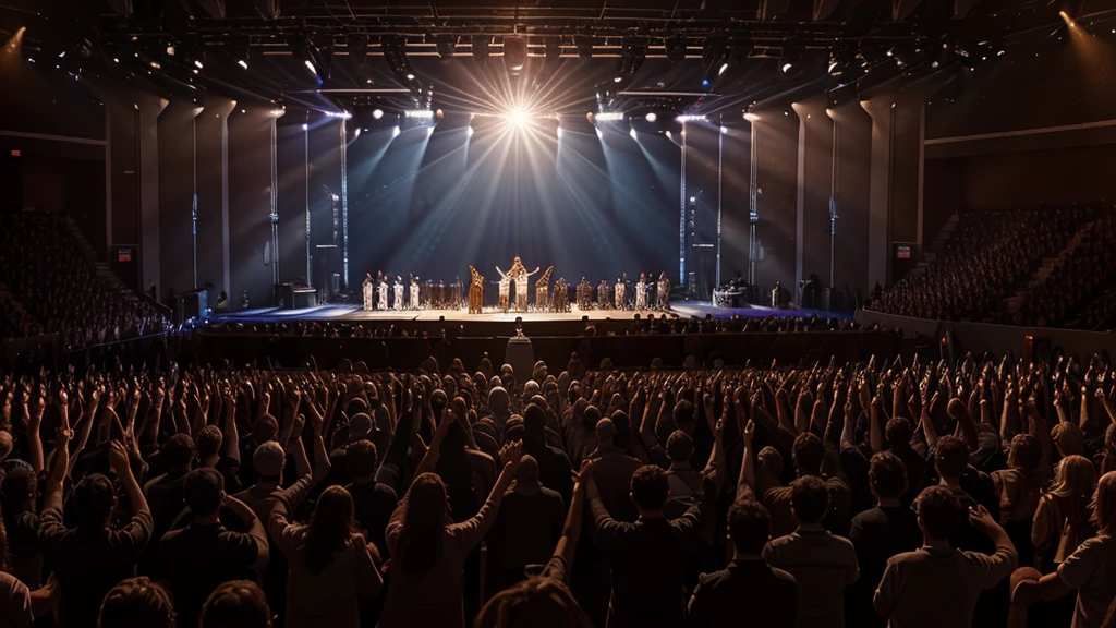 A worship leader and band on stage, with lyrics on a large screen behind them emphasizing deep theological truths. The congregation is visibly moved, with hands raised and others kneeling. Dramatic lighting highlights the intensity and sincerity of the worship, capturing the profound impact of theologically rich worship, realistic photography style