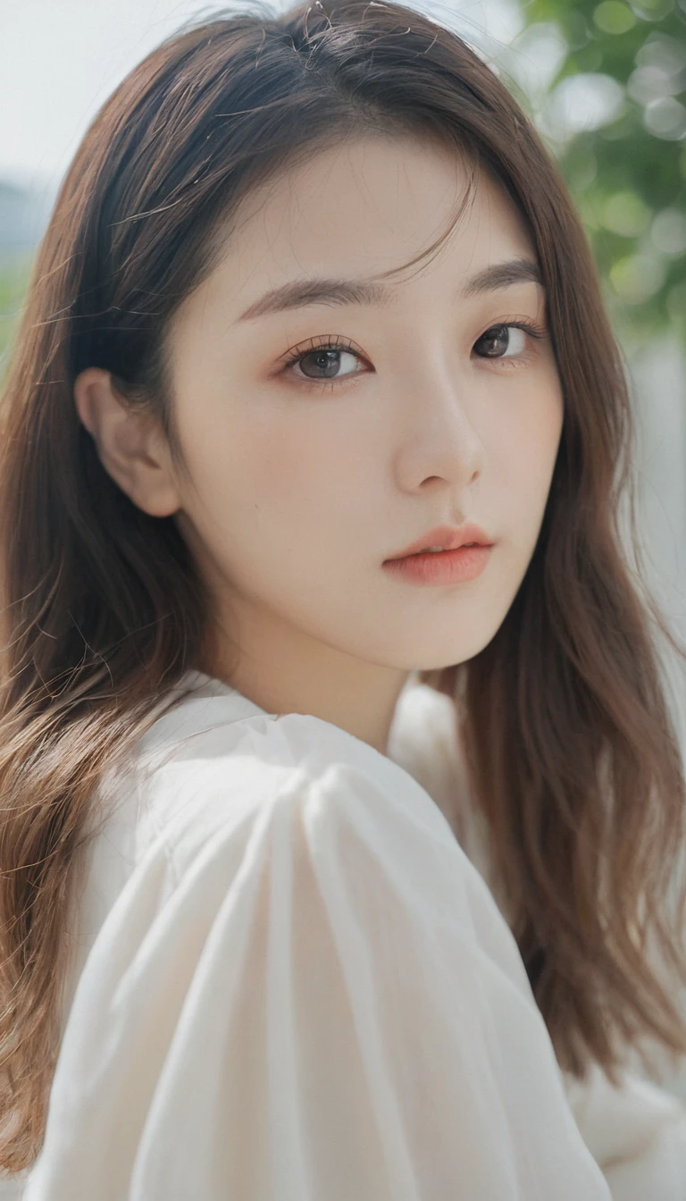 xxmixgirl, Analog Style, Eye focus, Highest quality, (Very detailed skin), Exquisitely beautiful white skin photos, 21 years old, Perfect Face, Captivating eyes, (Seductive makeup: 1.3), Skin pores, (Bokeh:1.5), Sharp focus, Dappled Lighting, (Backlight), Film Grain, (Very detailed, Exquisitely crafted), 8K, High resolution, Front view, Studio Light, Very detailed顔, Fine grain, (double eyelid: 1.4), Aristogle, Brown eyes, (commercial: 1.6), (Natural Makeup), ((White studio background: 2))、Summery white fashion、
