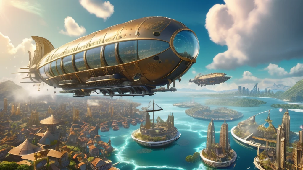 city;Floating in the air as bubbles, Fantasy World, Airship Battleship, Bright fantasy atmosphere, Ultra-high resolution, 8K, 16K, Fiji Films, Crazy Details,
