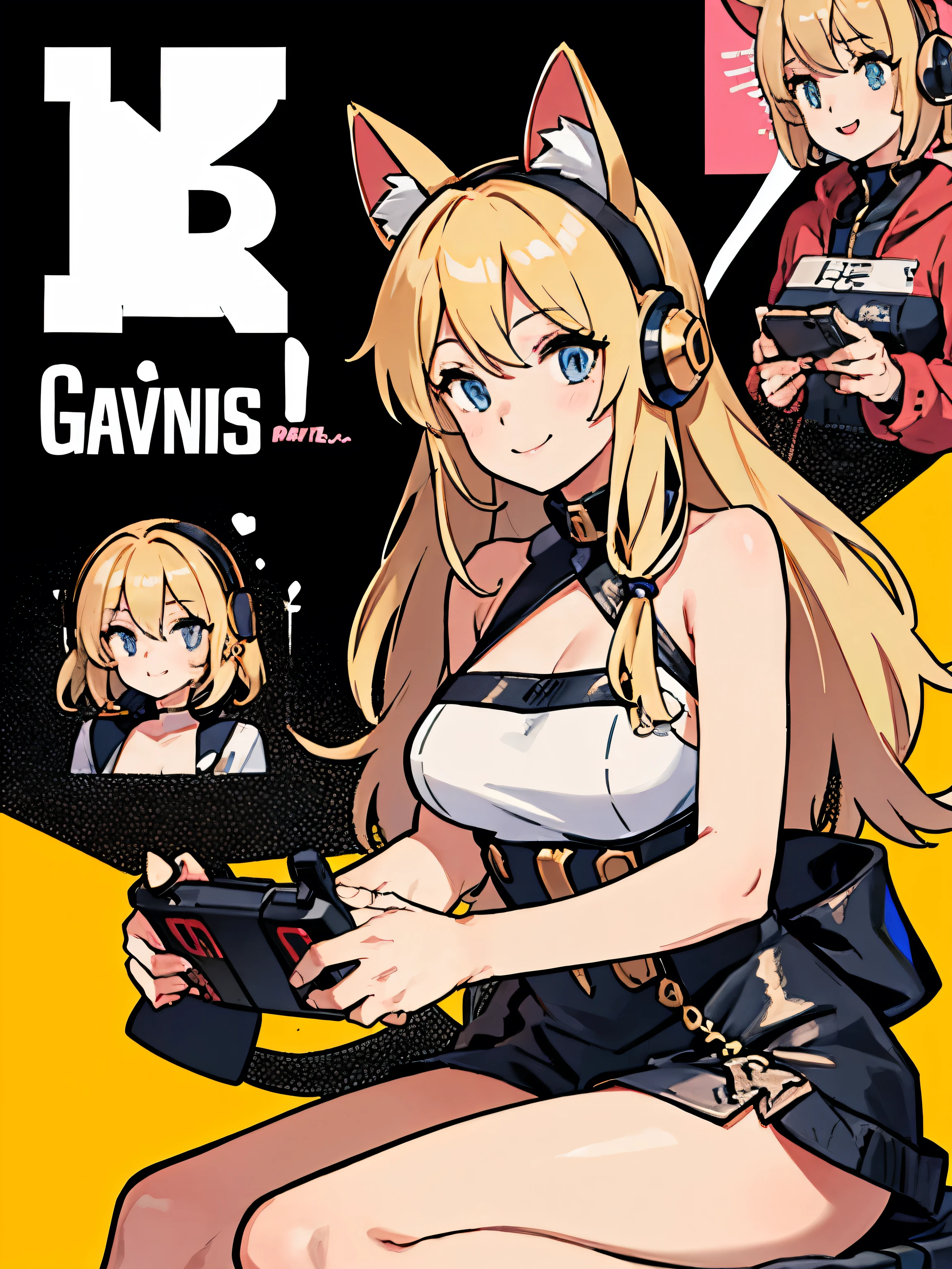 Beautiful girl with blond hair,With headphones,play games,Smile,Headphones with cat ears,Finger part optimization