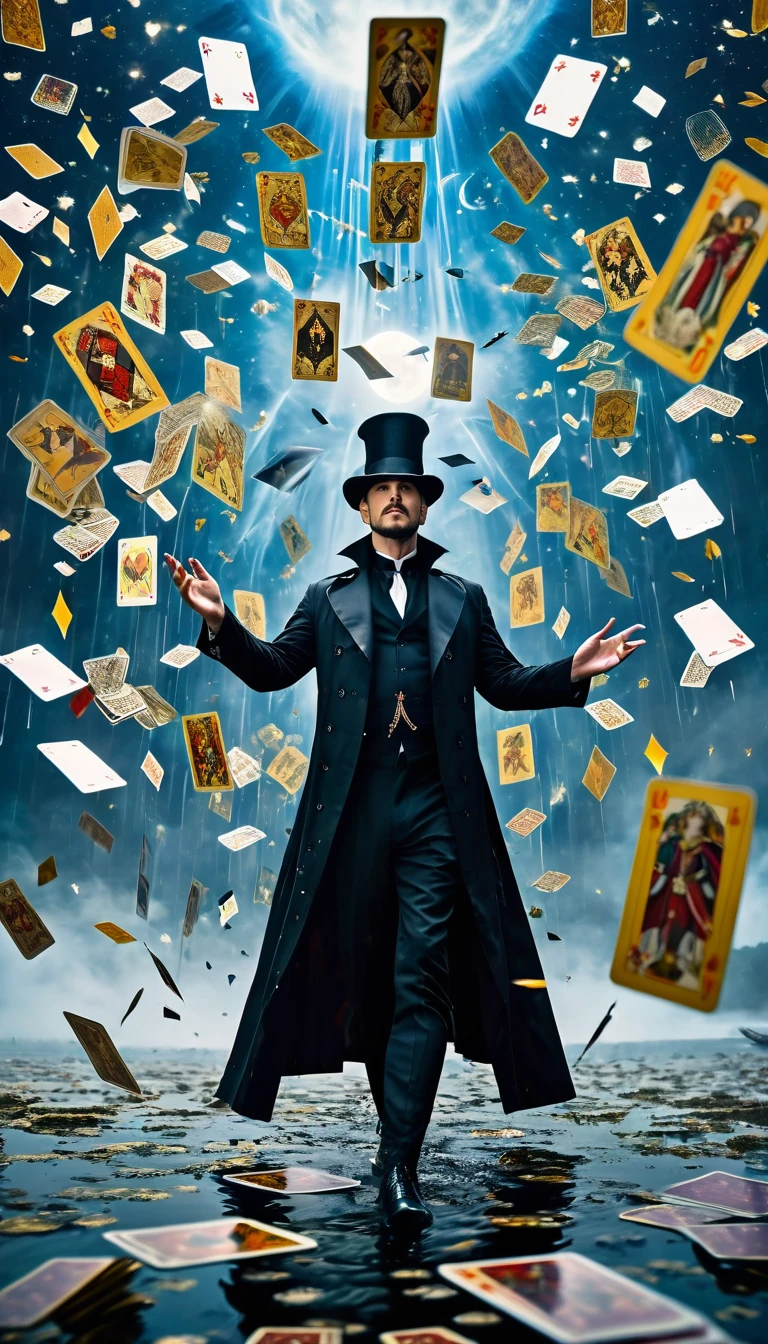 Magician in black trench coat,Tarot cards floating in the air,Tarot cards floating in the air
