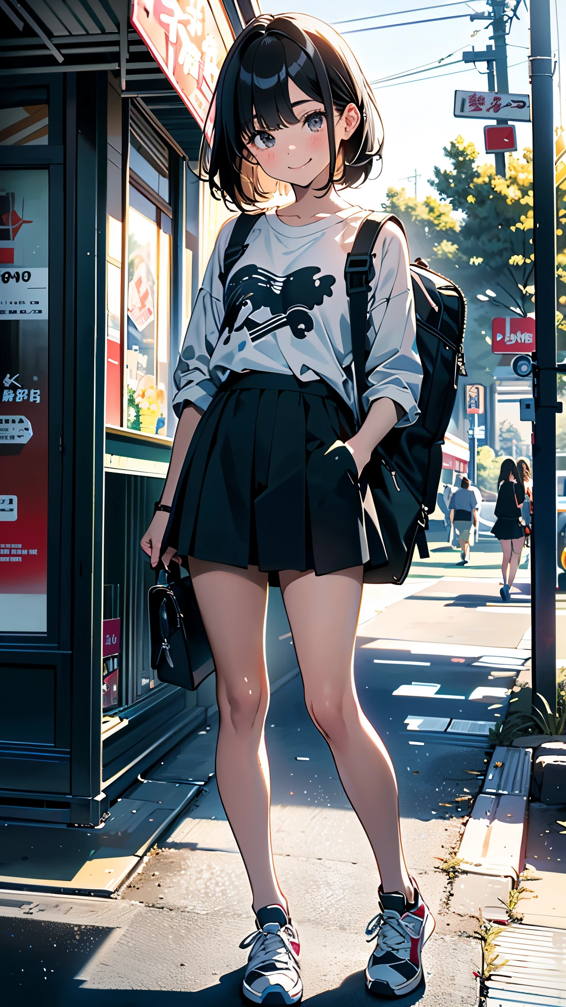 (8K, RAW Photos, 最high quality, masterpiece:1.2), high qualityのRAWカラー写真, Professional photo shoot, Cinematic Light, alone, (((young woman, Gal))), (Sharp features), (Small face), (Skin with attention to detail:1.2), clavicle, Cute face, Beautiful appearance, Long eyelashes,Girl Turning Around, smile, (Black Hair, Long straight line), Jersey, Shorts, sneakers, Backpack, Night Park, Confident attitude, Capture the happy moment, Artistic painting,Attractive thighs, (A very fine touch:1.2), (はにかんだsmile), Peaceful atmosphere, Oil painting style, Bright colors, (Are standing:1.5, Inside a convenience store, Full body portrait), Smooth texture, Gazing Eyes, Beautiful Skin, Shiny skin, ((Perfect Fingers, Five Fingers, Anatomically correct)), Background Blur, high quality, Surreal, ((Very detailed, photo shoot)),A large number of people、blush、plump
