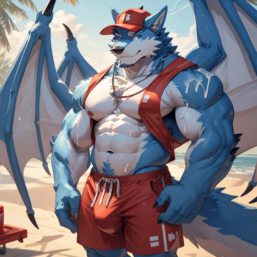 Masterpiece, Solo, Furry Light Blue Wolf, Light Blue Fur,Dark Blue Eyes, Dragon Wings, Bulking Body, Dad bod body, Cool Pose, Charming, Handsome, Life Guard outfit, wearing cap, big dick, cum everywhere
