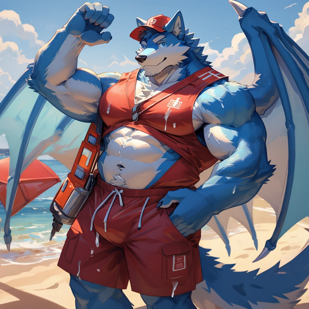 Masterpiece, Solo, Furry Light Blue Wolf, Light Blue Fur,Dark Blue Eyes, Dragon Wings, Bulking Body, Dad bod body, Cool Pose, Charming, Handsome, Life Guard outfit, wearing cap, big dick, cum everywhere