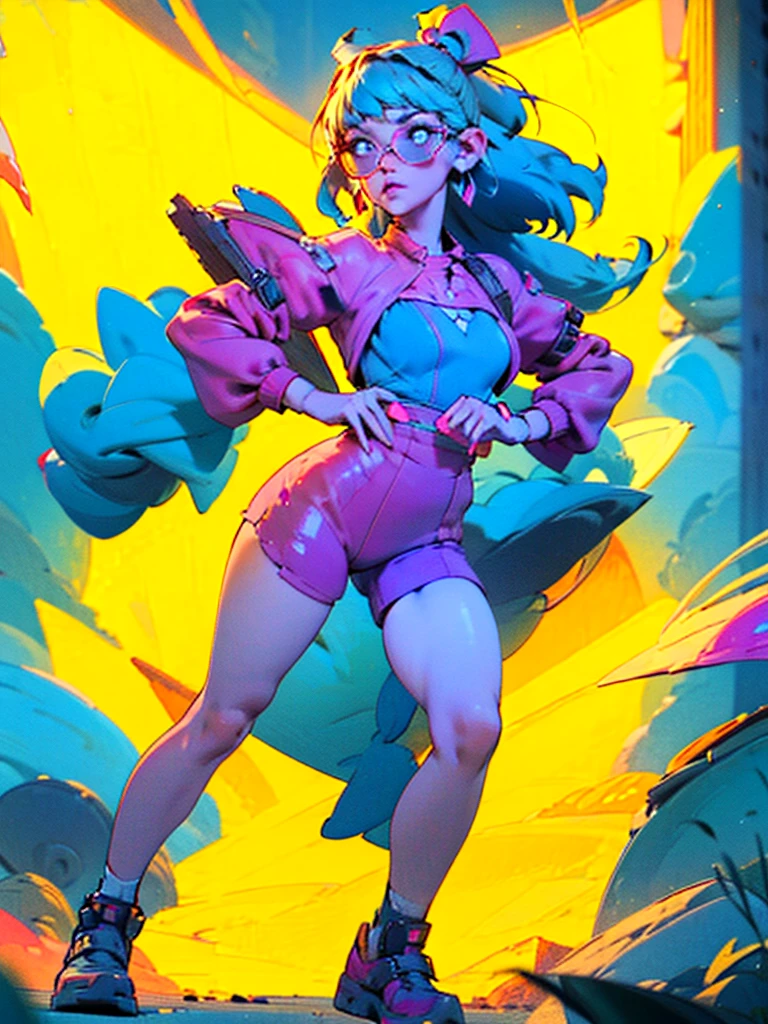 1girl, white jumpsuit, neon lines on clothing, cyberpunk, (best quality,4k,8k,highres,masterpiece:1.2),live stage, glowing line dress, oversized sunglasses, colorful punk hairstyle, full body portrait, dynamic dance