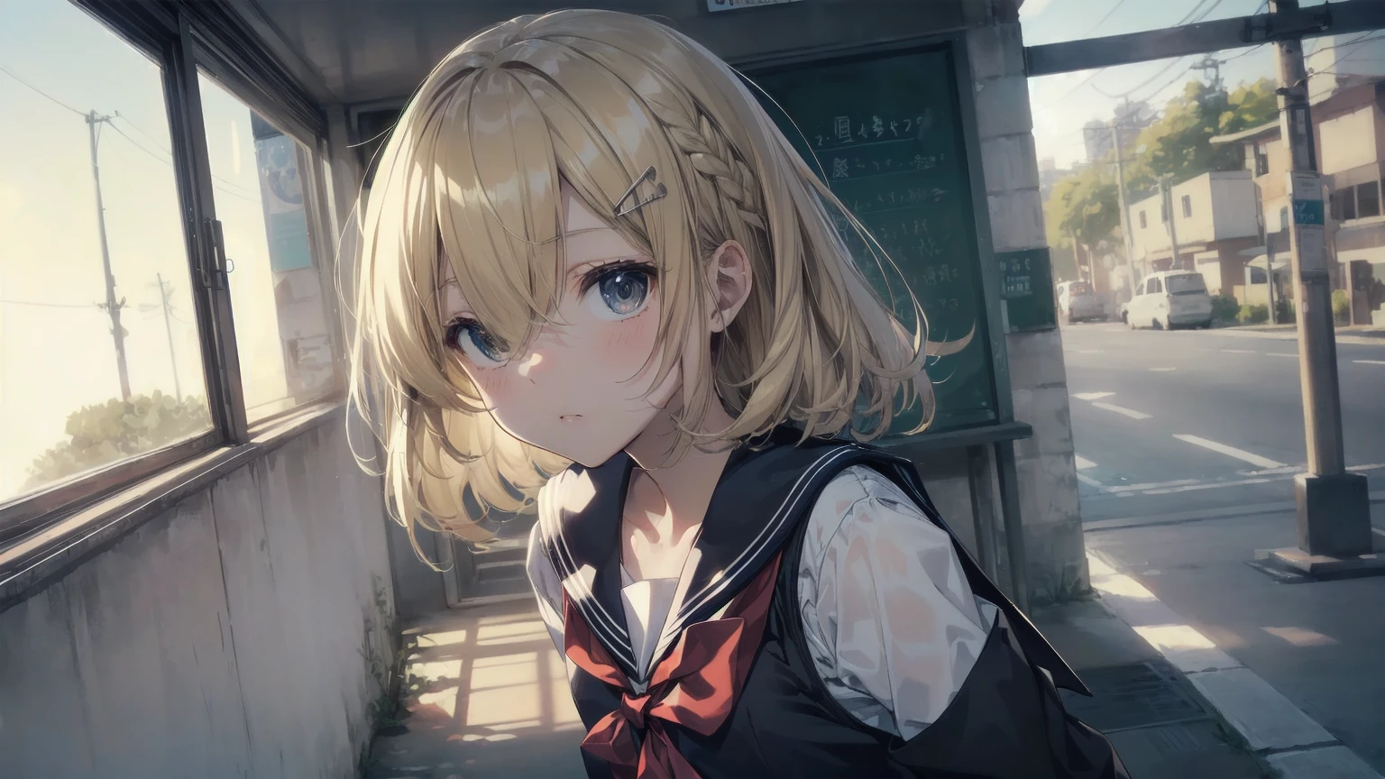 Highest quality, Anime Moe Art Style,Best Anime 8K Konachan Wallpaper,pixiv contest winners,Perfect Anatomy, (Please draw a girl walking sleepily to school...... ),break, 1 Girl, (alone,,,13 years old:1.3),high school student, short hair, amount, (Hair above one eye:1.7),All limbs, Full Finger,Medium Chest, Between the legs, Small eyes,accurate black eyes, Hair Clip, (Sailor suit:1.5),(school uniform:1.5) skirt,On the way to school. break,Very detailed,High resolution,ultra high density skin, Professional Lighting,8K eye detail, (Cute illustrations:1.2),blonde,blonde hair,Expressionless,(Hair on one eye:1.5),Sailor suit