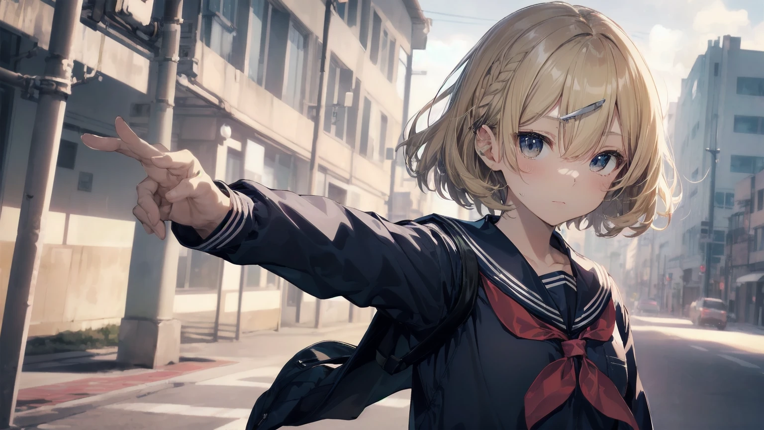 Highest quality, Anime Moe Art Style,Best Anime 8K Konachan Wallpaper,pixiv contest winners,Perfect Anatomy, (Please draw a girl walking sleepily to school...... ),break, 1 Girl, (alone,,,:1.3),high school student, short hair, amount, (Hair above one eye:1.7),All limbs, Full Finger,Medium Chest, Between the legs, Small eyes,accurate black eyes, Hair Clip, (Sailor suit:1.5),(school uniform:1.5) skirt,On the way to school. break,Very detailed,High resolution,ultra high density skin, Professional Lighting,8K eye detail, (Cute illustrations:1.2),blonde,blonde hair,Expressionless,(Hair on one eye:1.5),Sailor suit