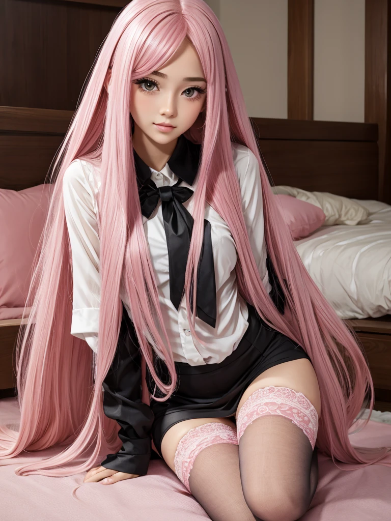 beautiful girl pink long hair . 
stockings