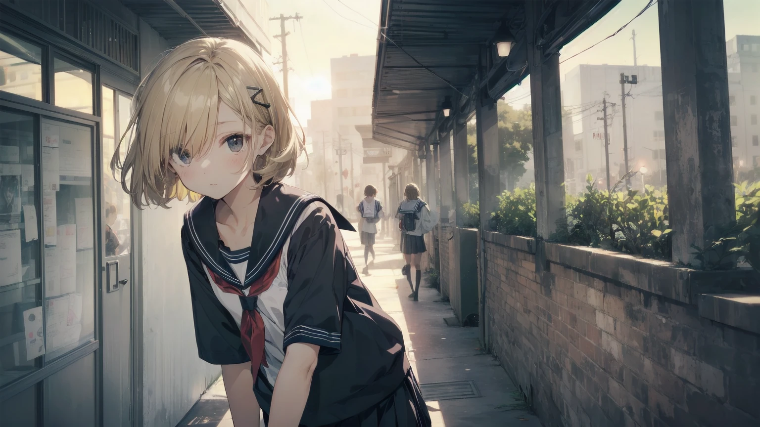 Highest quality, Anime Moe Art Style,Best Anime 8K Konachan Wallpaper,pixiv contest winners,Perfect Anatomy, (Please draw a girl walking sleepily to school...... ),break, 1 Girl, (alone,,,13 years old:1.3),high school student, short hair, amount, (Hair above one eye:1.7),All limbs, Full Finger,Medium Chest, Between the legs, Small eyes,accurate black eyes, Hair Clip, (Sailor suit:1.5),(school uniform:1.5) skirt,On the way to school. break,Very detailed,High resolution,ultra high density skin, Professional Lighting,8K eye detail, (Cute illustrations:1.2),blonde，blonde hair，Expressionless，(Hair on one eye:1.5)，Sailor suit