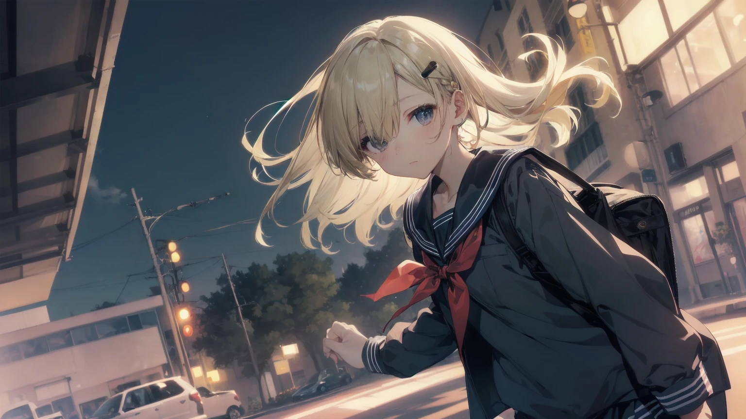 Highest quality, Anime Moe Art Style,Best Anime 8K Konachan Wallpaper,pixiv contest winners,Perfect Anatomy, (Please draw a girl walking sleepily to school...... ),break, 1 Girl, (alone,,,13 years old:1.3),high school student, short hair, amount, (Hair above one eye:1.7),All limbs, Full Finger,Medium Chest, Between the legs, Small eyes,accurate black eyes, Hair Clip, (Sailor suit:1.5),(school uniform:1.5) skirt,On the way to school. break,Very detailed,High resolution,ultra high density skin, Professional Lighting,8K eye detail, (Cute illustrations:1.2),blonde,blonde hair,Expressionless,(Hair on one eye:1.5),Sailor suit