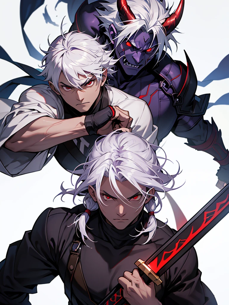 a handsome man with red eyes and white hair, fierce battle, intense action, highly detailed, cinematic lighting, dramatic composition, epic fantasy, grandiose scale, photorealistic, 8k, masterpiece