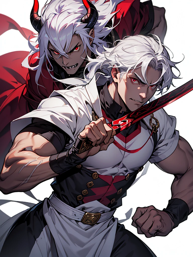 devil、Dark purple skin、Red eyes、Savage look、A magic sword as big as the body、Battle Maniac、I like fighting、strong、Atrocious、White background、Grabbing the white-haired  by the neck