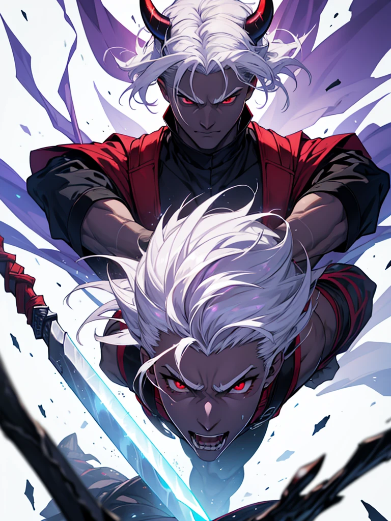 devil、Dark purple skin、Red eyes、Savage look、A magic sword as big as the body、Battle Maniac、I like fighting、strong、Atrocious、White background、Grabbing the white-haired by the neck