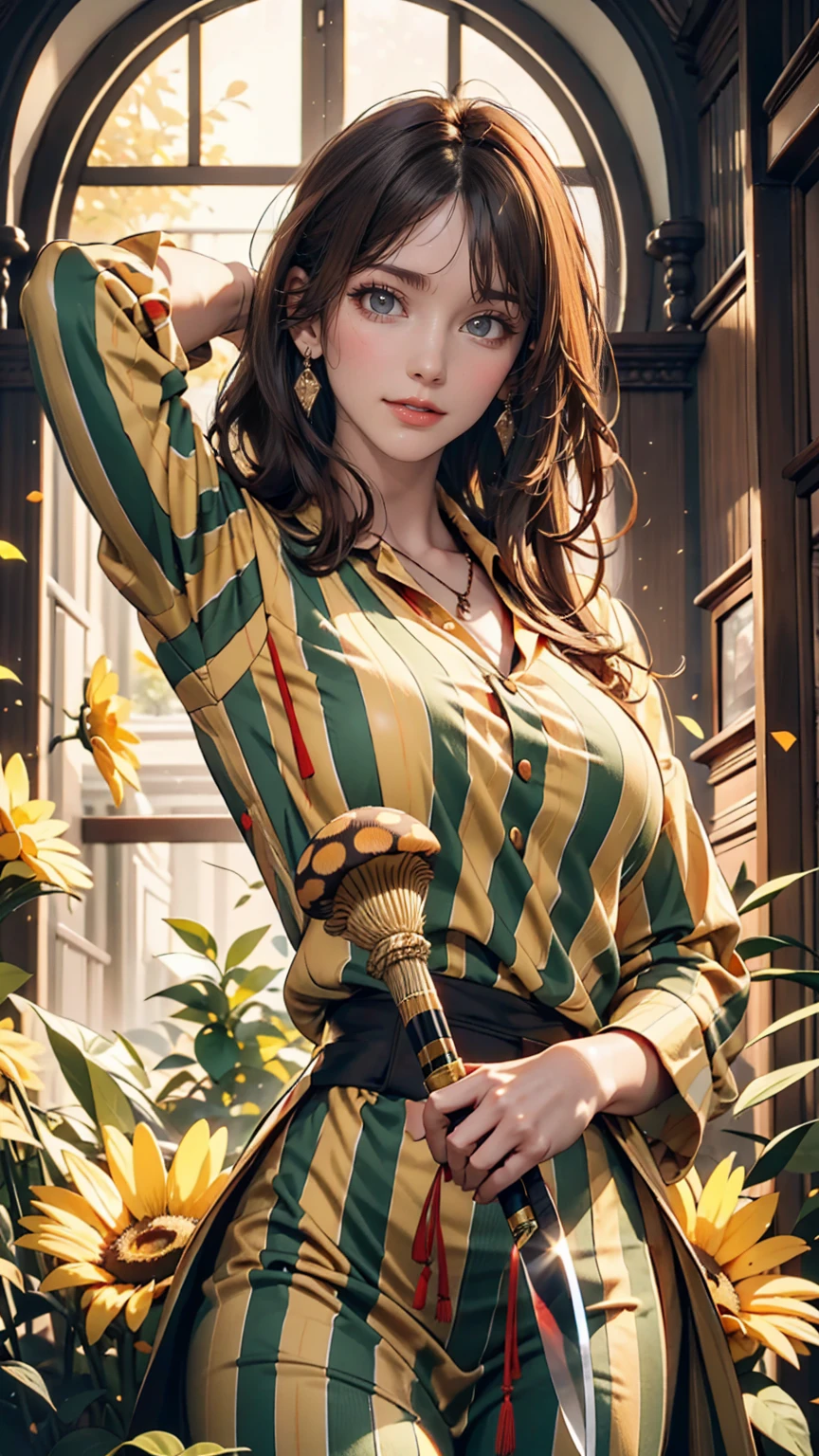 Red eyes, girl, Holding a knife, A yellow-green striped shirt with thick stripes, Red eyesが赤く光る, Tilt your head, Short brown hair、mushroom head, With a bright smile on his face, Character, Second Dimension, With a line of light above your head、Golden Flower々standing between