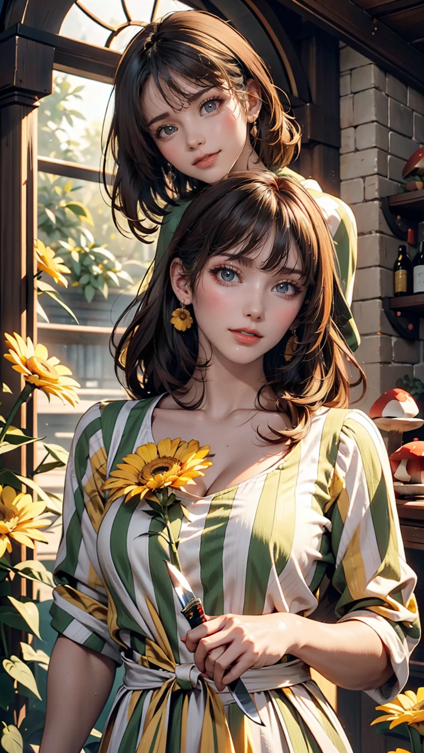 Red eyes, girl, Holding a knife, A yellow-green striped shirt with thick stripes, Red eyesが赤く光る, Tilt your head, Short brown hair、mushroom head, With a bright smile on his face, Character, Second Dimension, With a line of light above your head、Golden Flower々standing between