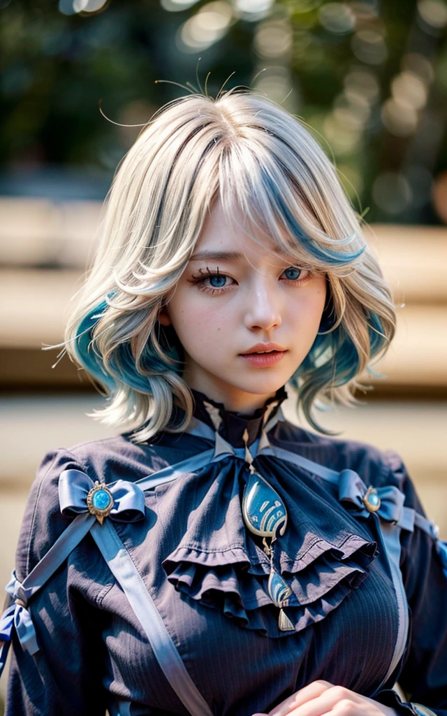 Furina (Genshin Impact), 18 years old, (Raw photo, Best Quality), (Realistic, Photorealsitic:1.3), masutepiece, Extremely delicate and beautiful, Soft light, (blue and white hair, Shoulder-length straight hair swaying in the wind), Beautiful detailed girl, (Detailed fingers), extremely detailed eye and face, beautiful detailed nose, Beautiful detailed eyes, 1 girl, Japanese, Neat and clean beauty, Cute, young, dress shirts, Pants, (Half body:1.3), (big breasts), Realistic face, Realistic body,