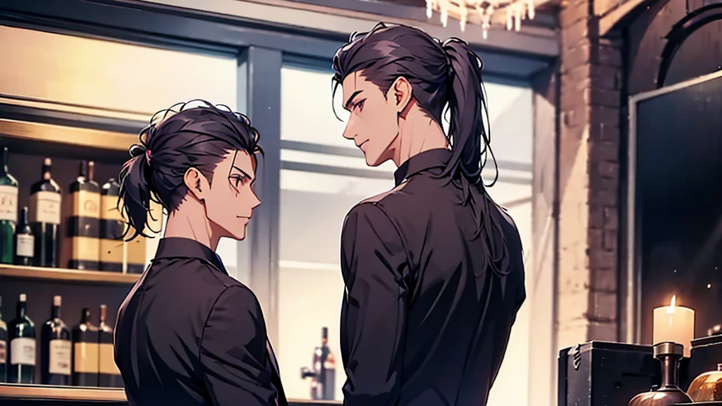 a Man, ponytail, black suit, back view, bar with bottles, chandelier