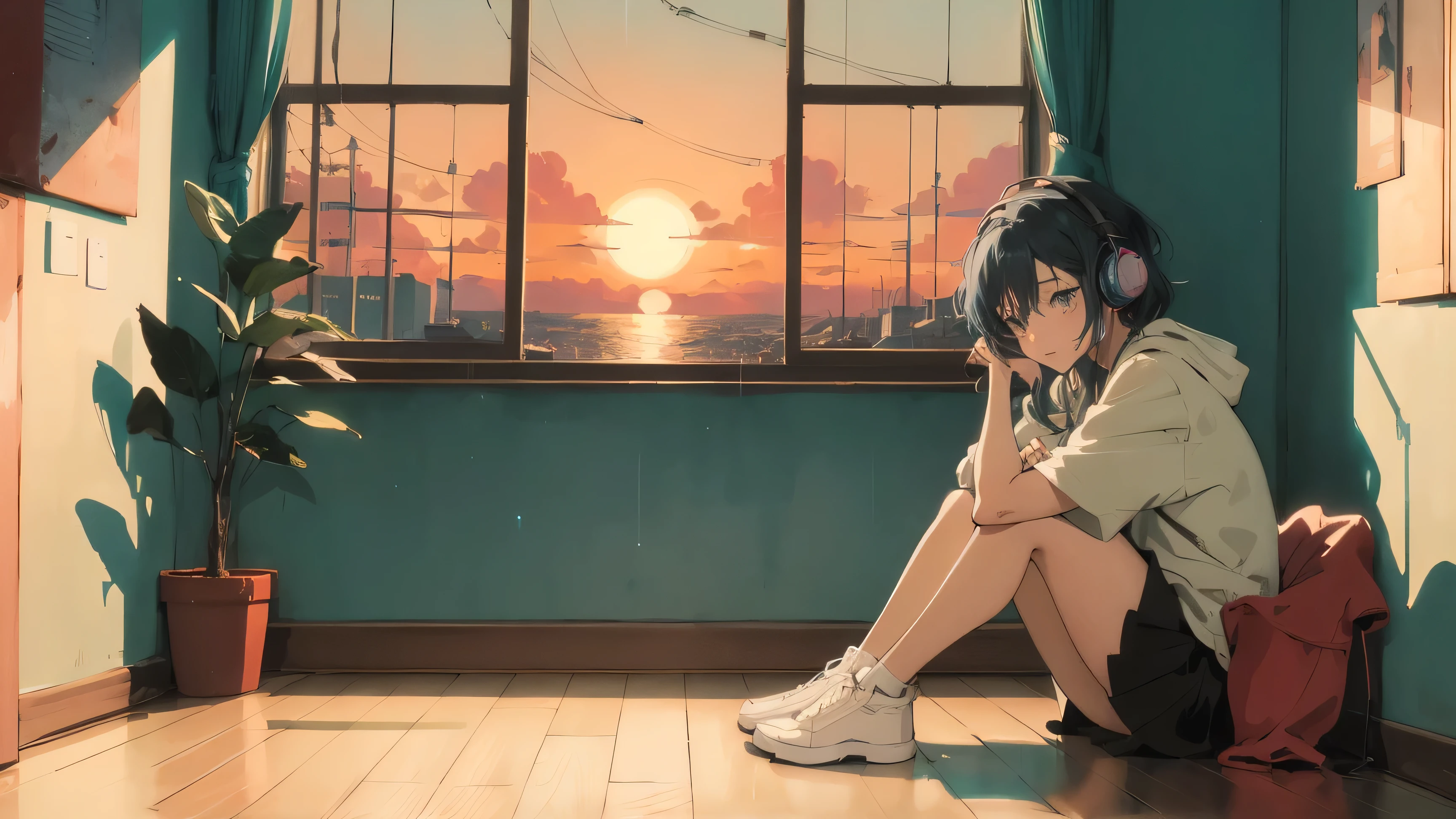 アニメ girl sitting on floor looking out window at city, アニメ aesthetic, アニメ vibes, lofi artstyle, Lo-fi portrait by the window, Watching the Sunset. アニメ, Lofty Girl, アニメ art wallpaper 4 k, アニメ art wallpaper 4k, アニメ art wallpaper 8 k, アニメ background art, Lofi Color, Lofi Art, アニメ asthetic,masterpiece, Highest quality, Rainbow Style, アニメ, Beautiful Asian Girl, Along the Hawaiian Coast, Cute and dreamy,アニメ,Illustrator,LOFI Girl, Blues,landscape,Sunset, night、Girl listening to music in a cozy room, Use headphones, 2D Style Anime, Rain outside the window、Analog Color Theme、Ghibli style,、Tokyo, modern