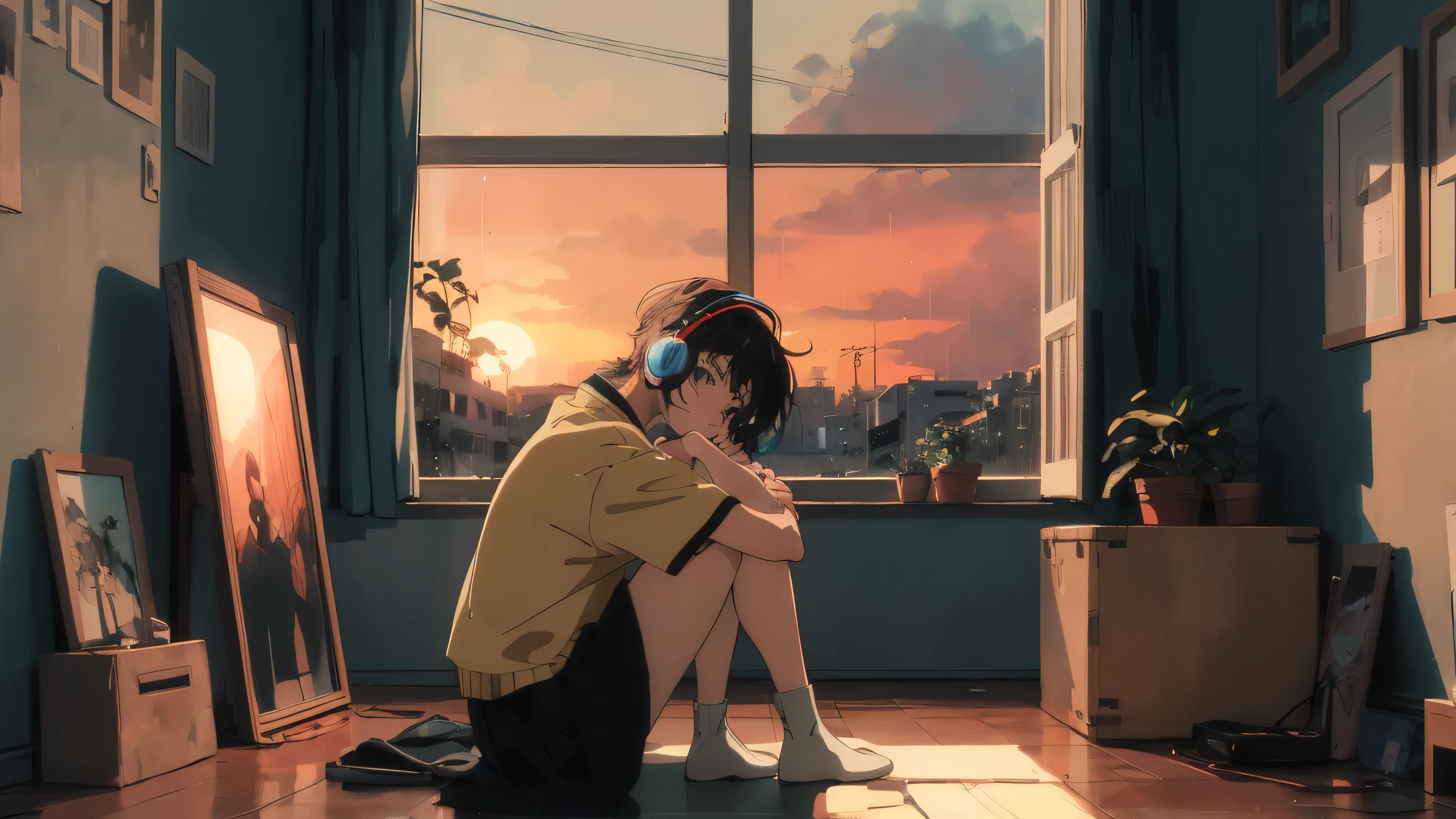 アニメ girl sitting on floor looking out window at city, アニメ aesthetic, アニメ vibes, lofi artstyle, Lo-fi portrait by the window, Watching the Sunset. アニメ, Lofty Girl, アニメ art wallpaper 4 k, アニメ art wallpaper 4k, アニメ art wallpaper 8 k, アニメ background art, Lofi Color, Lofi Art, アニメ asthetic,masterpiece, Highest quality, Rainbow Style, アニメ, Beautiful Asian Girl, Along the Hawaiian Coast, Cute and dreamy,アニメ,Illustrator,LOFI Girl, Blues,landscape,Sunset, night、Girl listening to music in a cozy room, Use headphones, 2D Style Anime, Rain outside the window、Analog Color Theme、Ghibli style,、Tokyo, modern