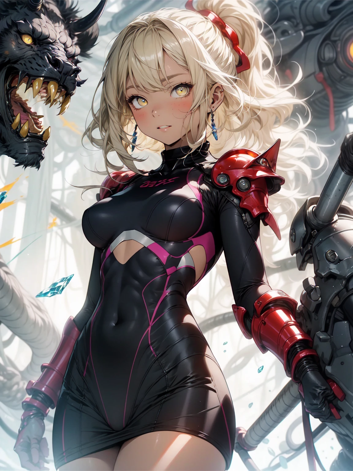 Keep it Realistic,(masterpiece,Highest quality,Highest quality,Best image quality、Very detailed,Fractal Art,Most detailed,(The background is abstract:1.5)(1 Girl),Kamimei,(Yellow hair ponytail),(Glowing yellow eyes),(Big Breasts,Toned Abs、Stunned),crystallization,Black competitive swimsuit、High leotard,Sexy,Yellow machine armor,Sunburned skin、Demon Horn、Berserk , (mini skirt)
