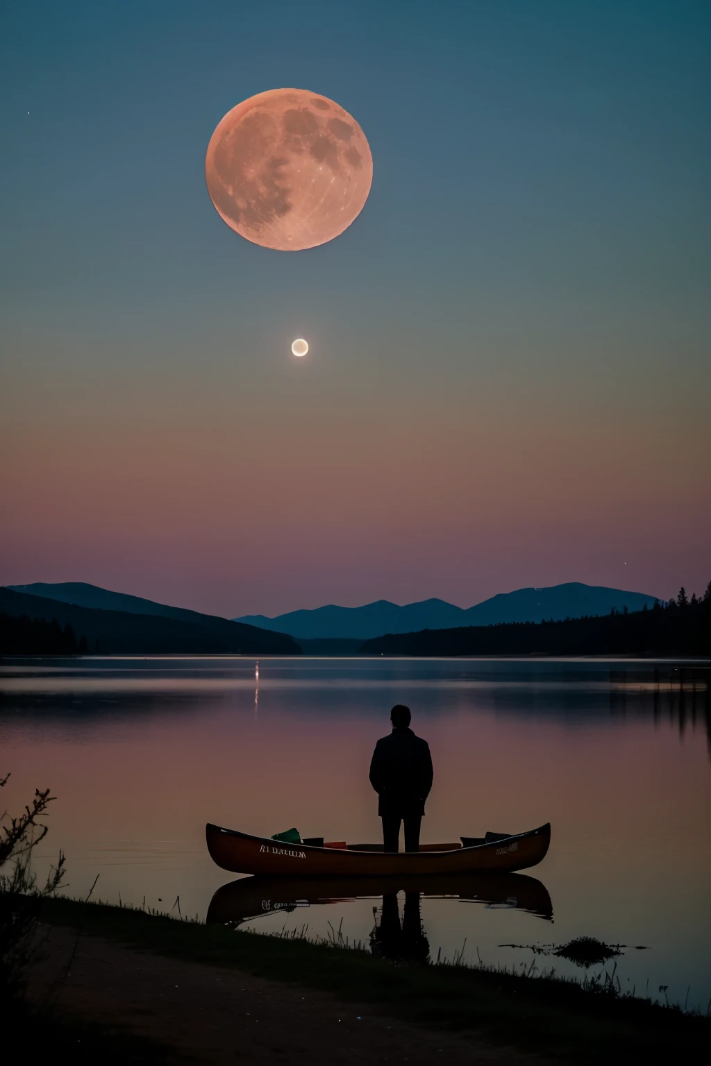 A man stood looking at the lunar eclipse and it was purple and it was at night, there was silver on the sides and there was a lake that was shining, he was in a canoe